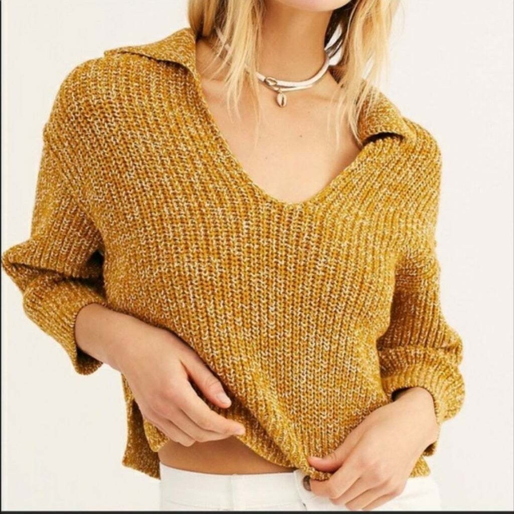 Free People Mustard Marled V-Neck Knit Sweater